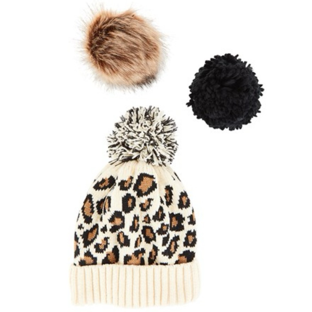 NWT Summer & Rose Animal Print Multi Pom Chenille Beanie with Interchanging Poms - Picture 6 of 8